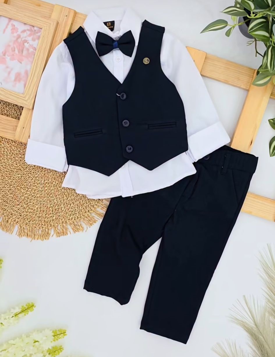 Boys' navy suit with bow tie before